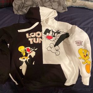 Looney Tunes, hooded, long sleeve sweatshirt, black & white with pouch in front
